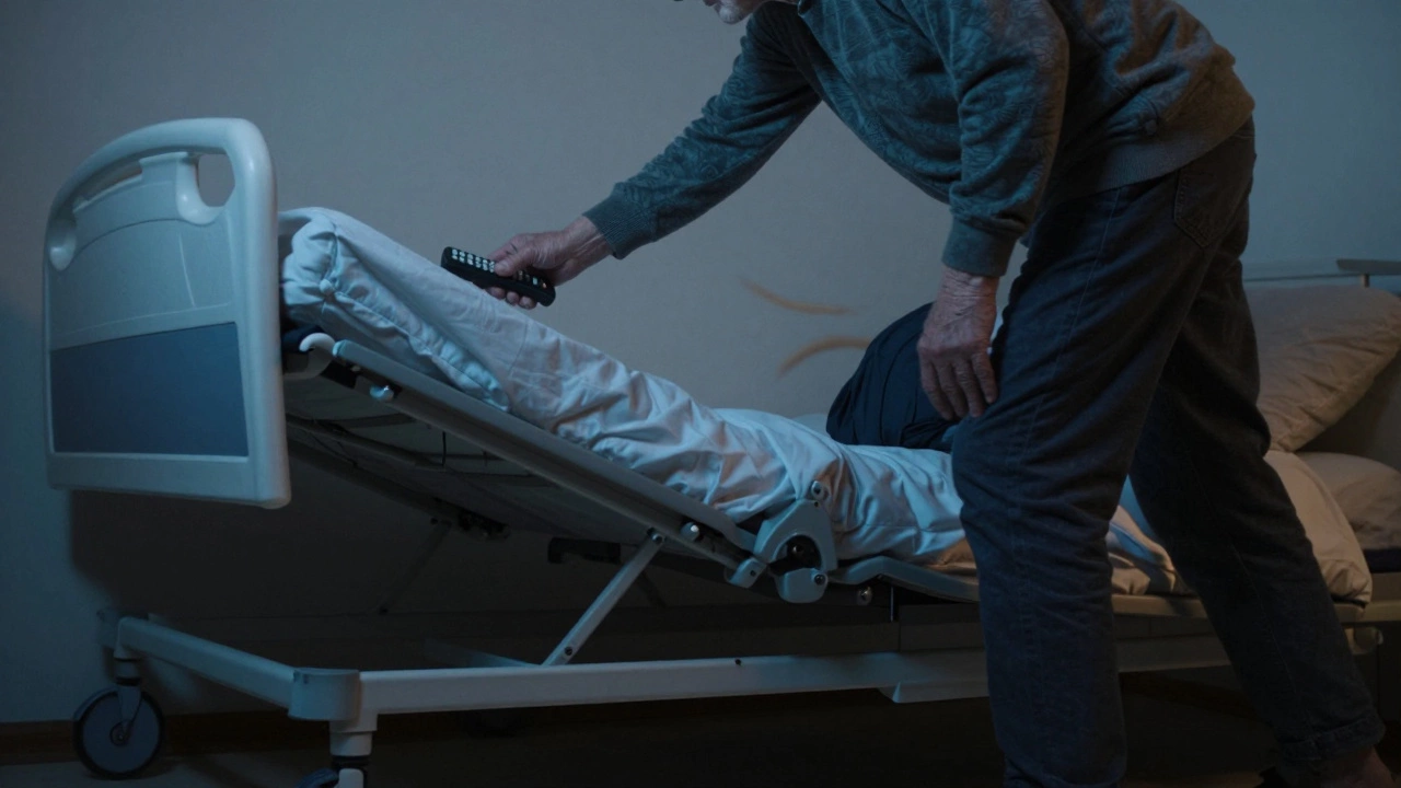 An elderly person with Parkinson’s struggling to reach a remote on a partially raised adjustable bed.