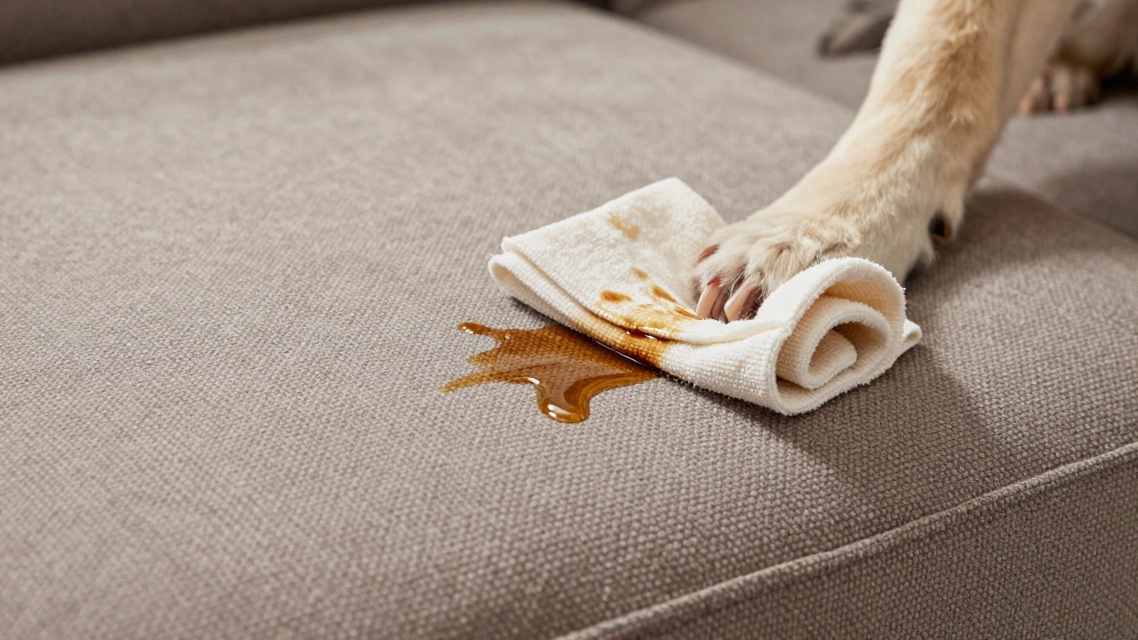 Close-up of performance microfiber fabric resisting a coffee spill, showing dense weave and durability under natural light.