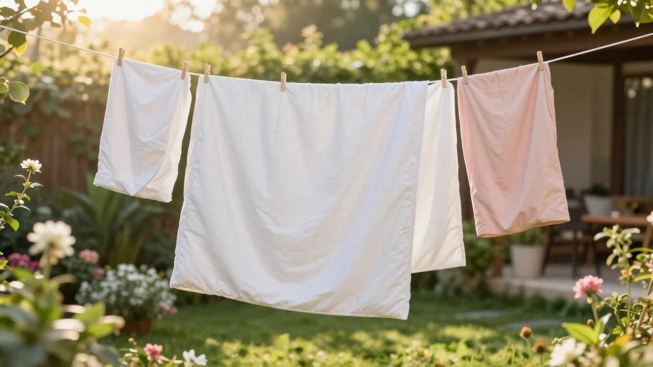 Fresh white laundry hanging on a clothesline in a sunny garden.