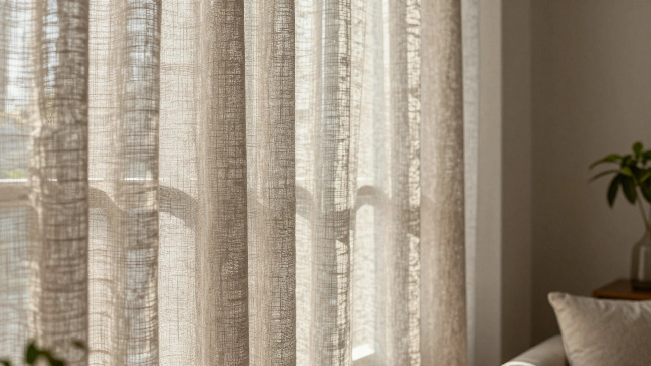 Layered linen drapes and cellular shades in a cozy living space with natural textures.