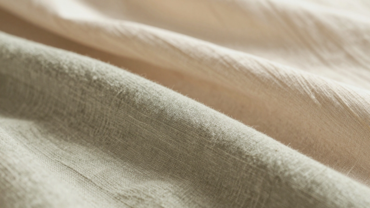 Macro view of cotton, linen, and bamboo bedding fabric textures.