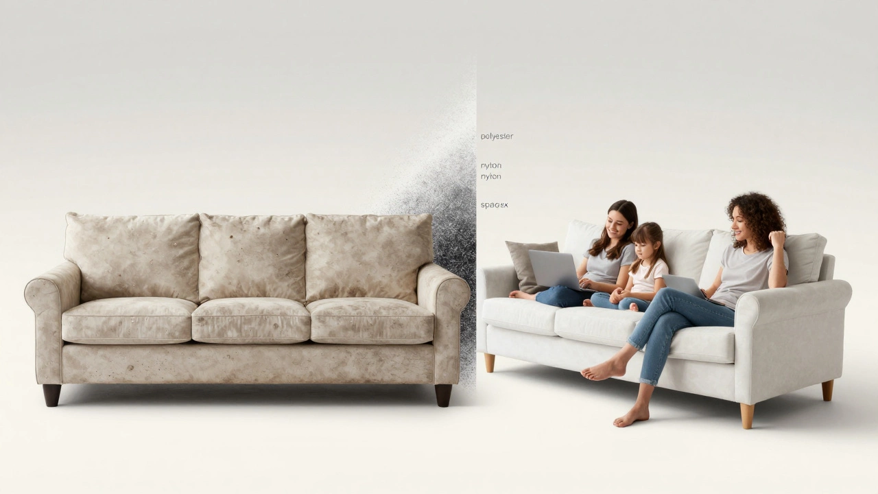 Side-by-side comparison of worn cotton sofa versus durable microfiber sofa, illustrating long-term comfort and resilience.