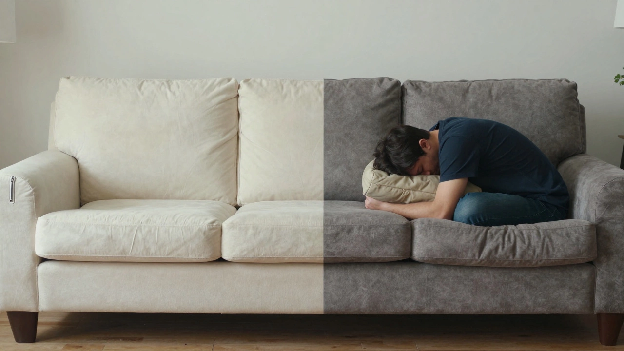 Side-by-side view of a person sitting comfortably on new vs. old sofa cushions.