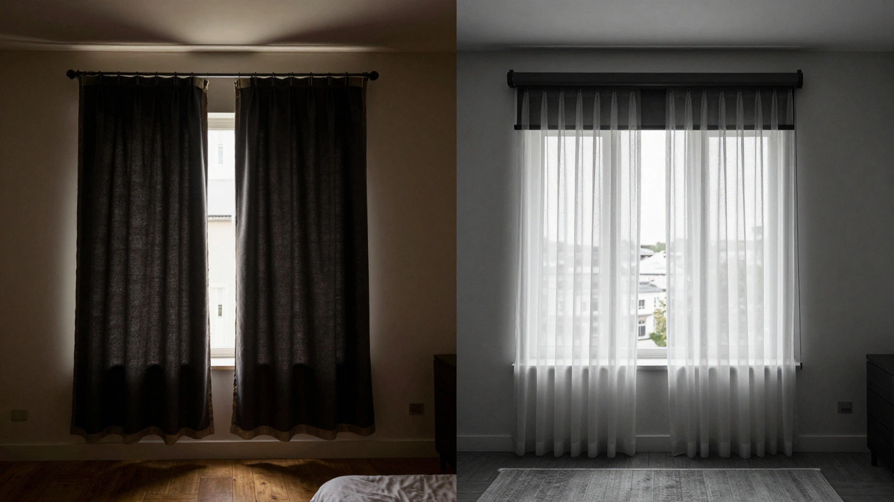 Side-by-side view of a room with heavy blackout curtains vs. a lighter sheer curtain allowing daylight in.