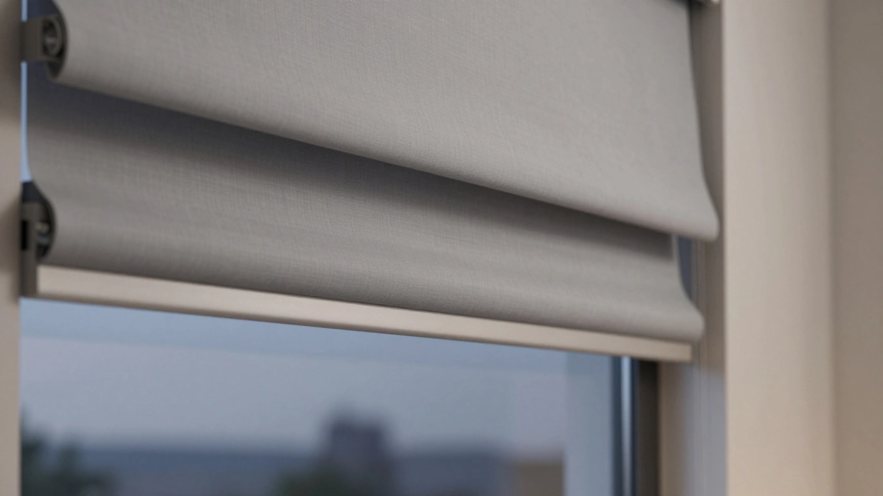 Sleek motorized window shade system in a contemporary bedroom interior.