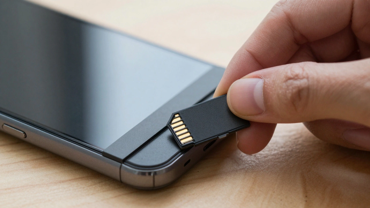 Close-up of a microSD card being inserted into a phone