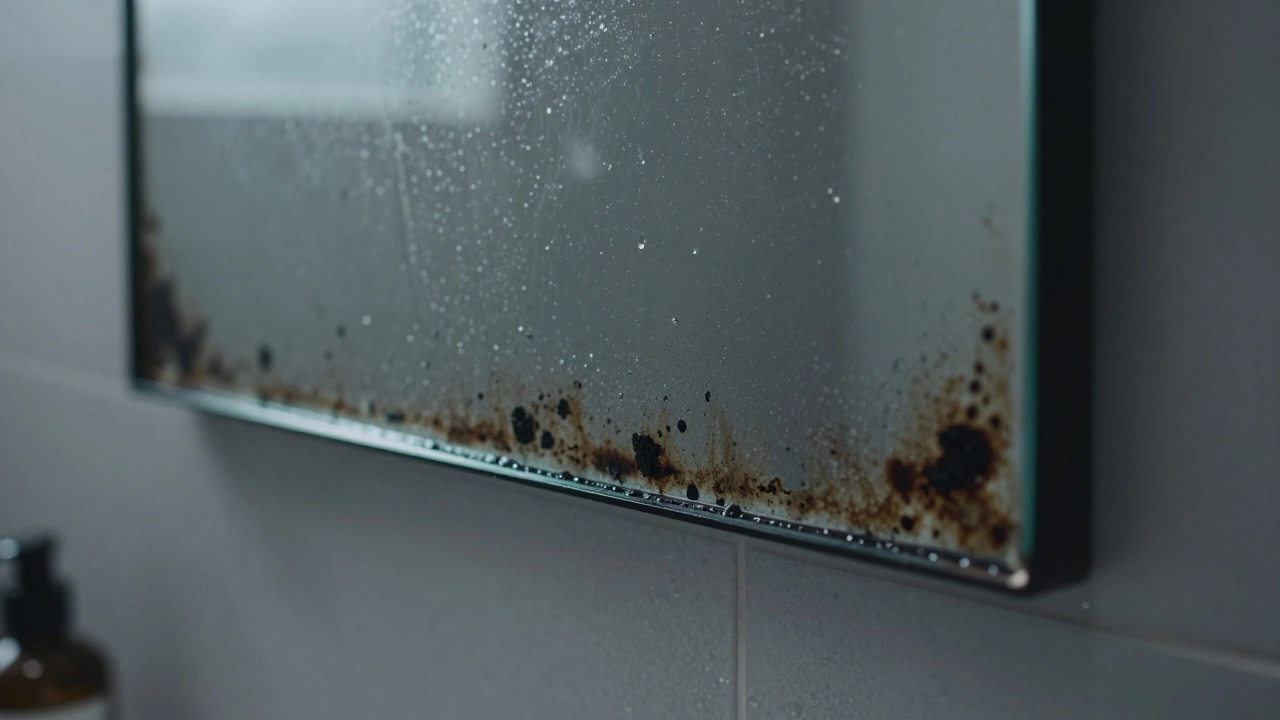 Close-up of black oxidation spots on the edge of a budget mirror in a steamy bathroom.