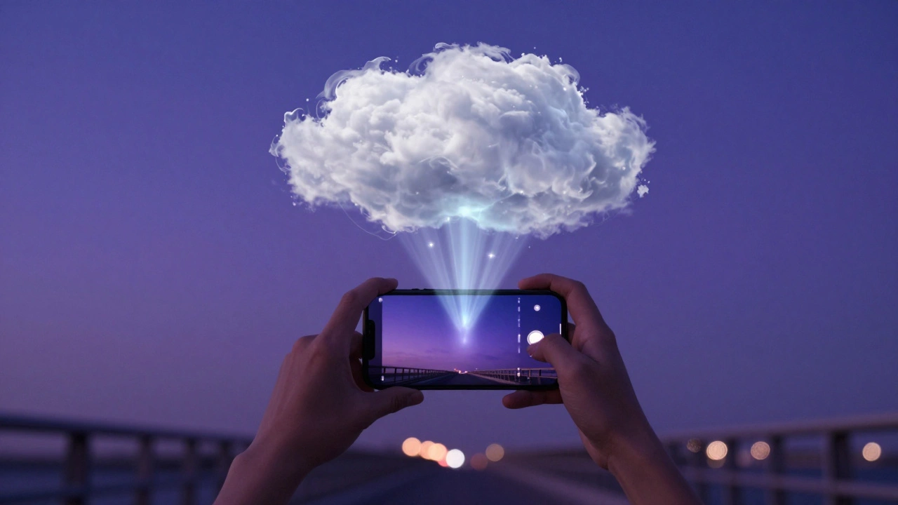 Data streaming from a smartphone into a glowing digital cloud