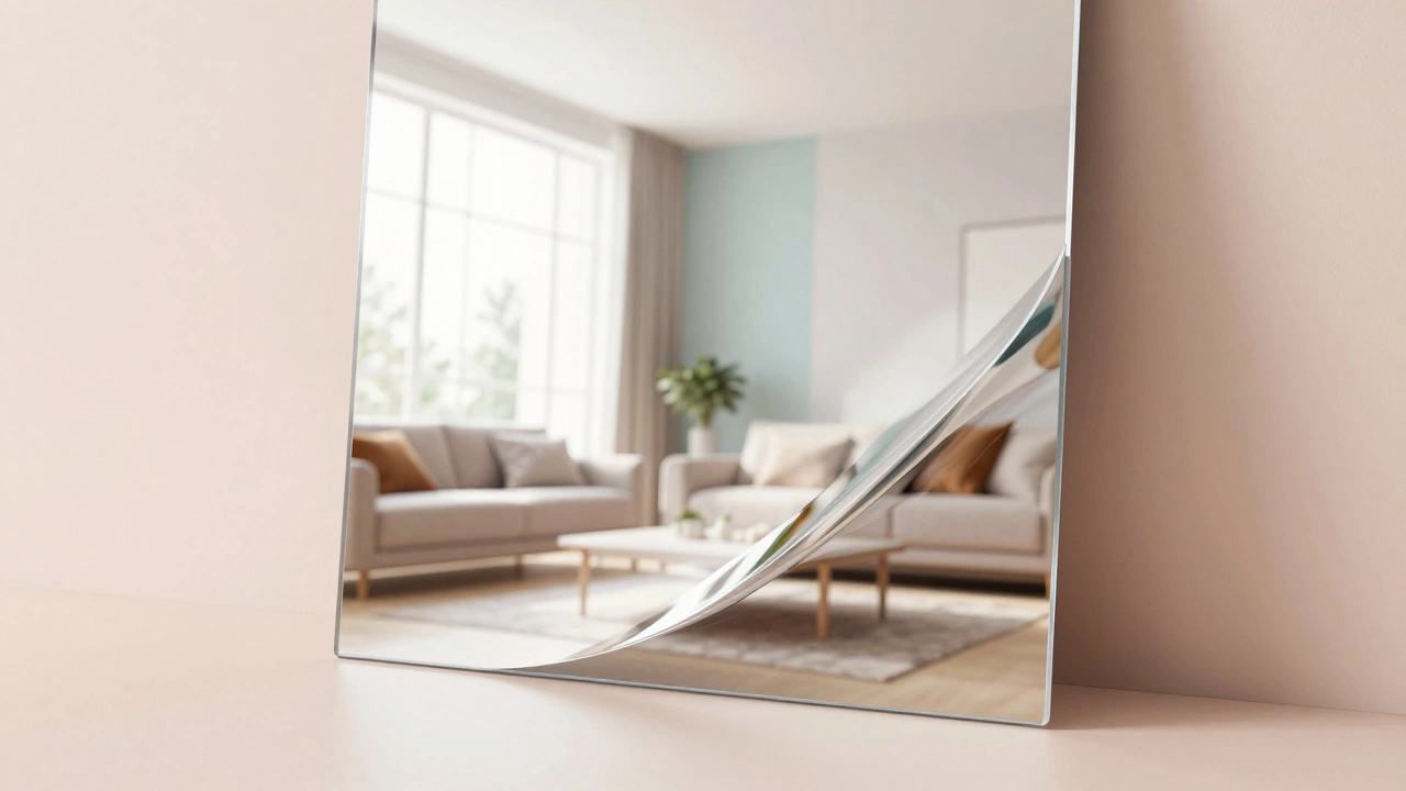 Distorted reflection on a curved acrylic mirror sheet in a bright room.