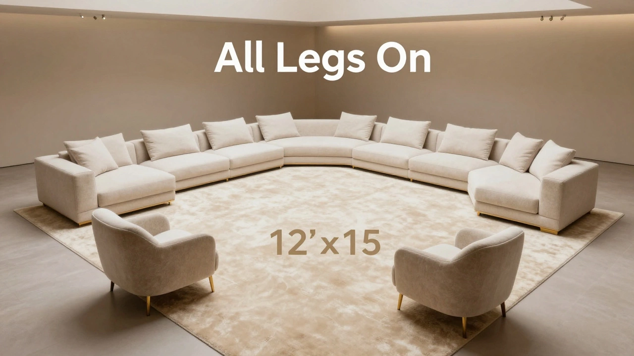 Large L-shaped sectional sofa with all legs on a massive cream rug