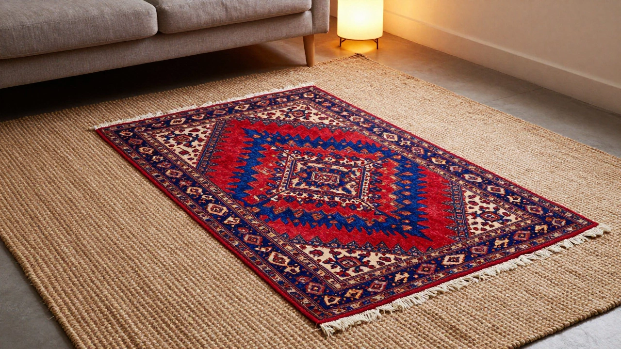 Layered rug setup with a patterned rug on top of a large jute rug