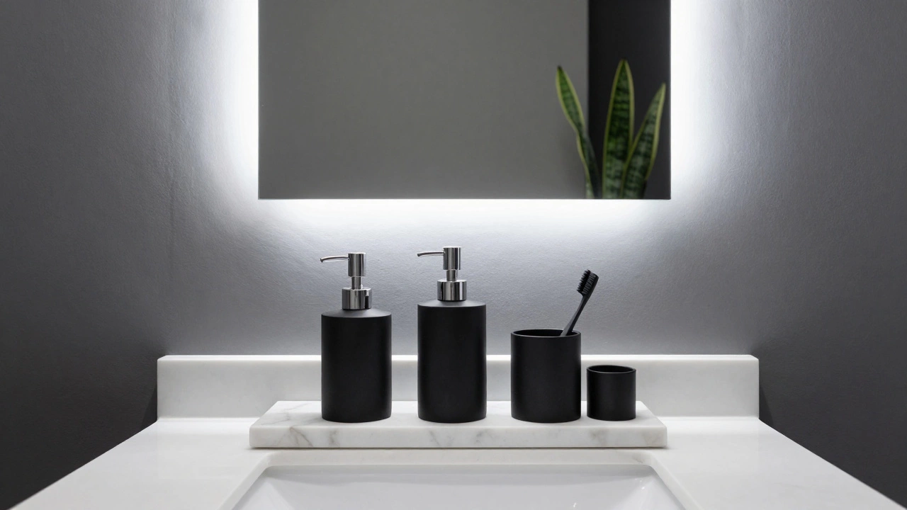 Minimalist bathroom vanity with marble tray, matte black accessories and a green plant