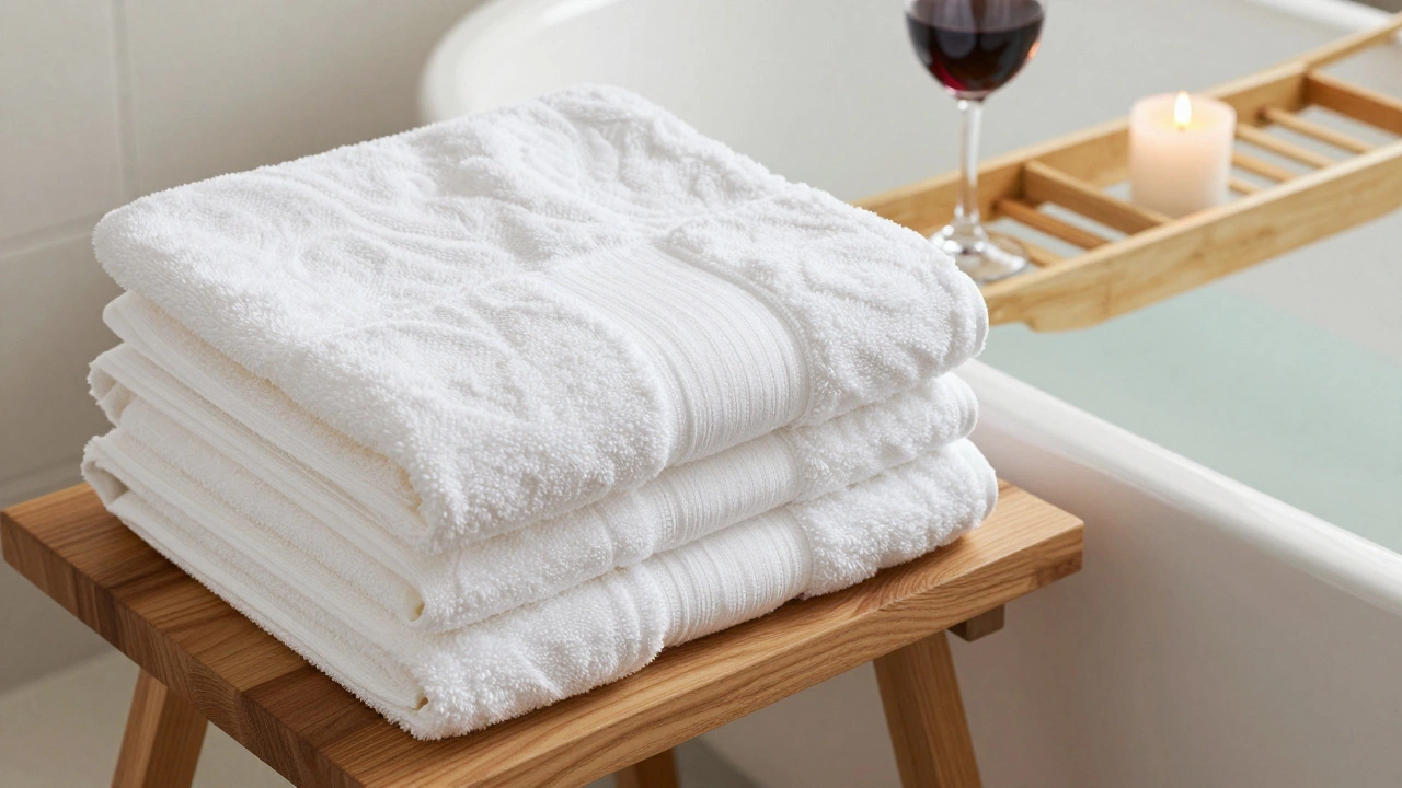 Plush white Turkish cotton towels and a bamboo bath caddy on a bathtub