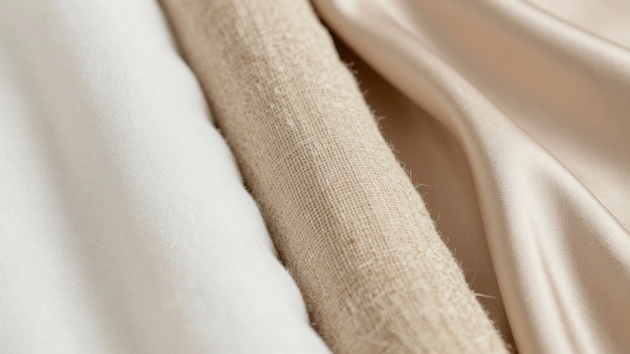 Close-up of cotton, linen, and silk fabric textures
