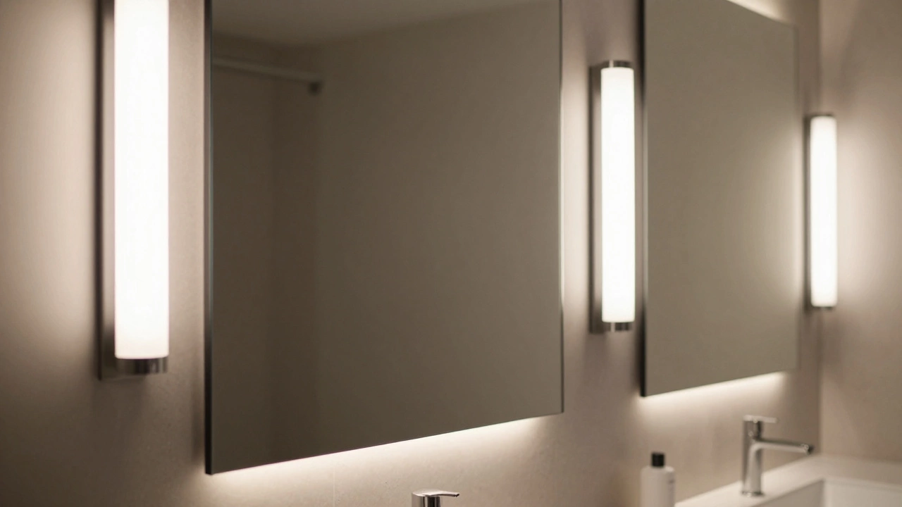 Close-up of layered bathroom lighting with sconces and LED accents