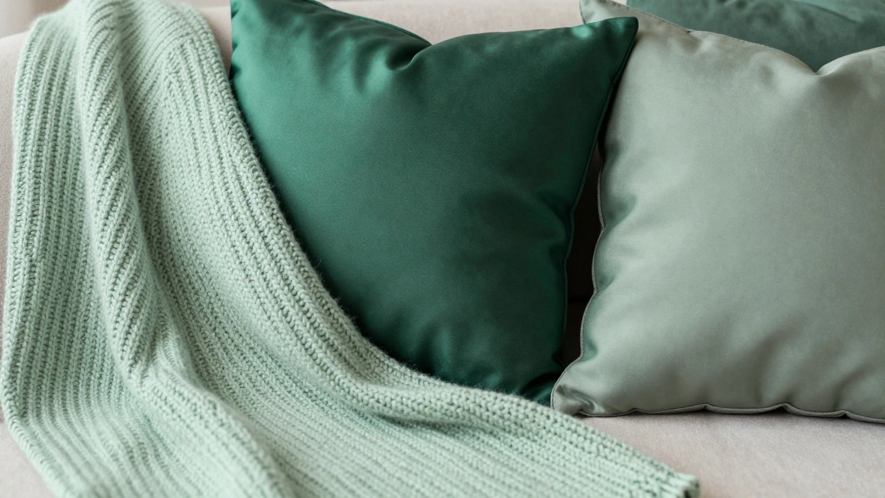 Close-up of mixed green textiles including silk, wool, and cotton cushions for tonal dressing.