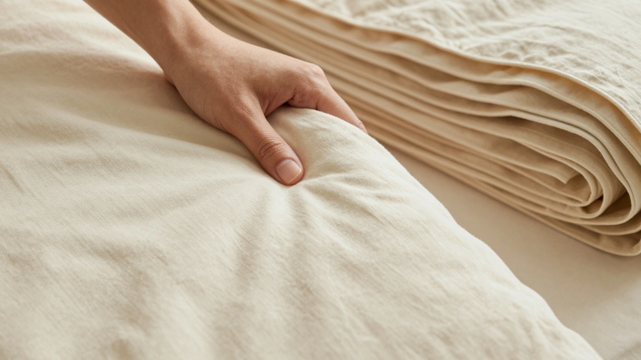Close up of smooth duvet cover fabric compared to tangled sheets