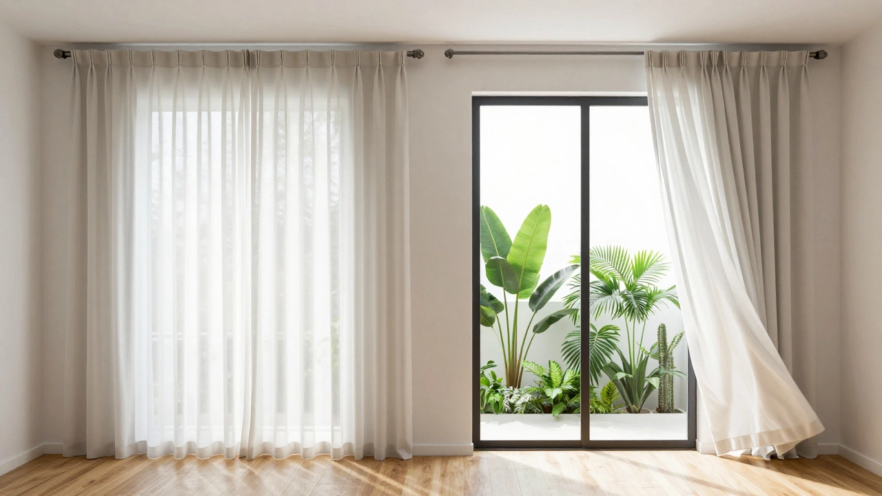 Comparison of narrow vs wide curtain rods showing light blockage versus open view