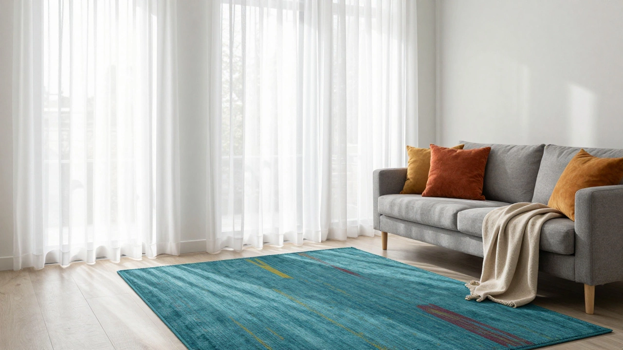 Eclectic living room using a colorful rug to tie together gray sofa and teal accents.
