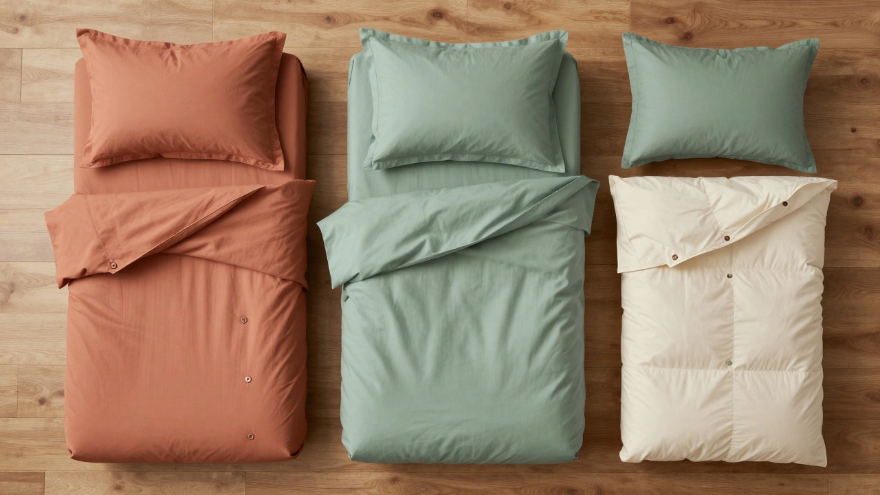 Flat lay of sheets, duvet cover, and pillowcases