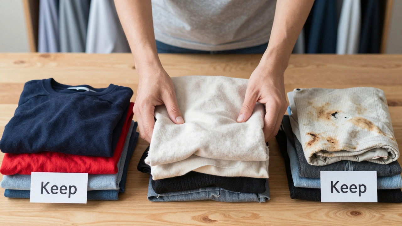 Hands sorting clothes into keep, donate, and trash piles with organized drawers in background.