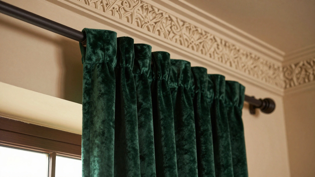 Heavy green velvet curtains mounted below ornate ceiling moldings above a window