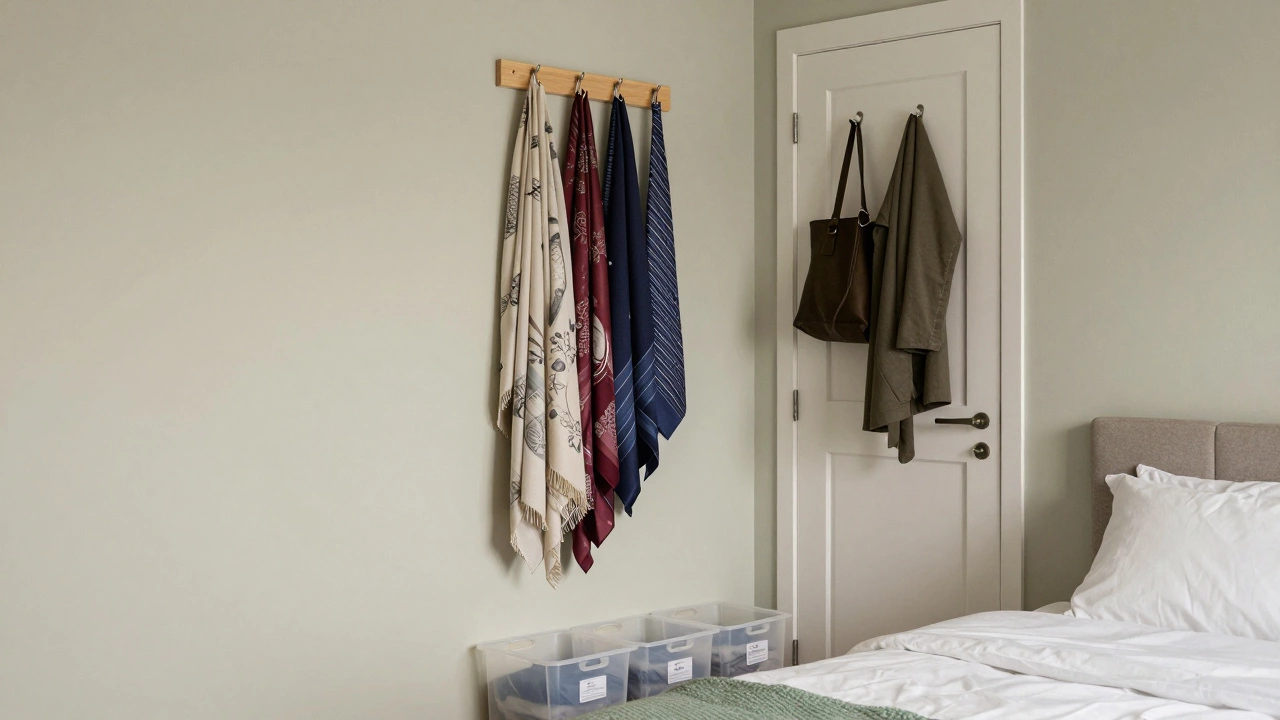 Minimalist bedroom corner featuring hanging organizers, hooks, and under-bed storage bins.