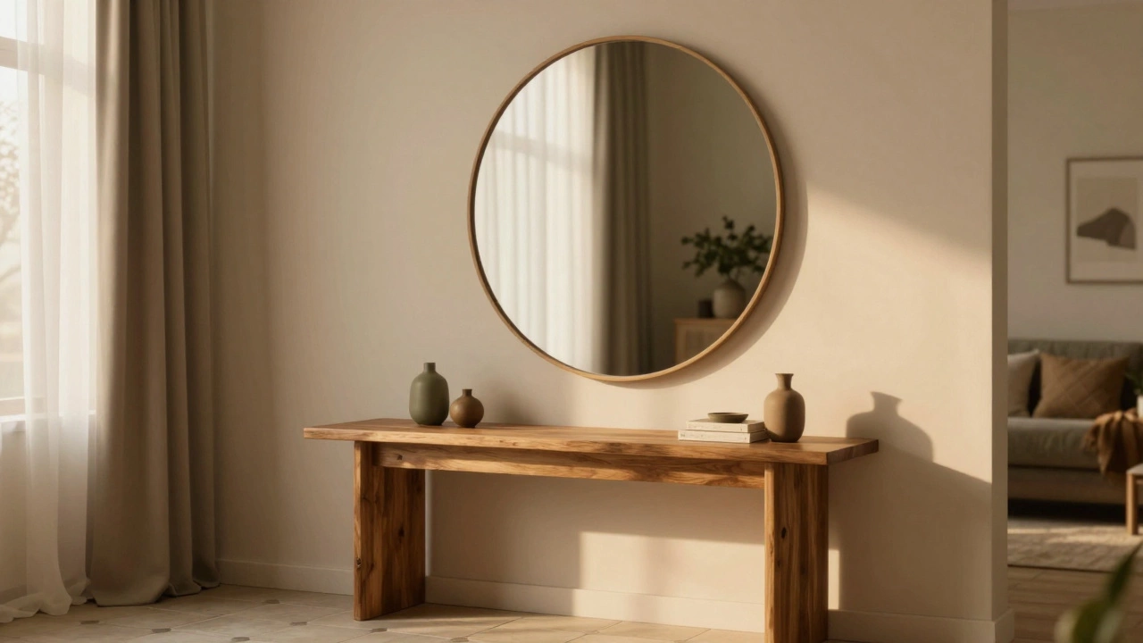 Round mirror above console table adding softness to a living room