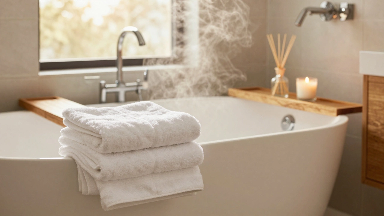 Spa-like bathroom with freestanding tub, steam, and fluffy towels