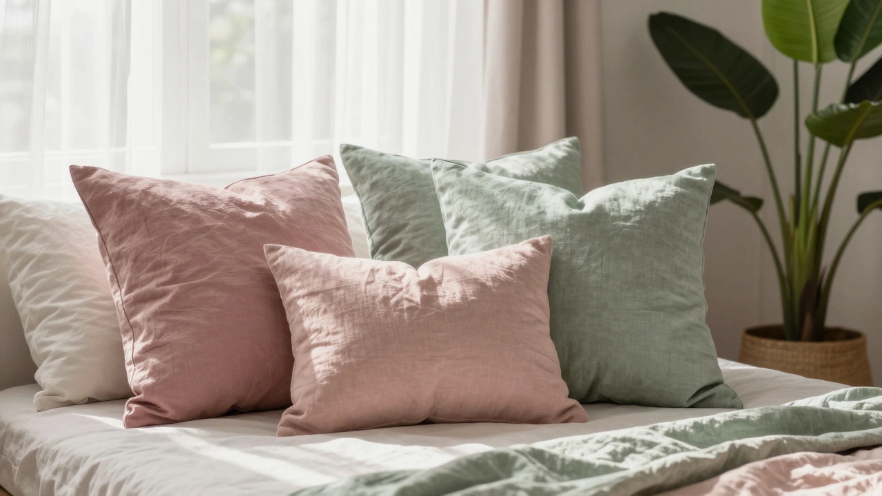Bed styled with dusty rose and sage green linen pillows