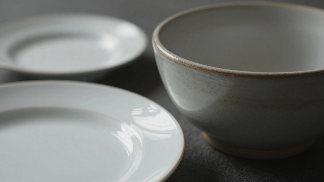 Close-up comparison of fine china, stoneware, and melamine dishes