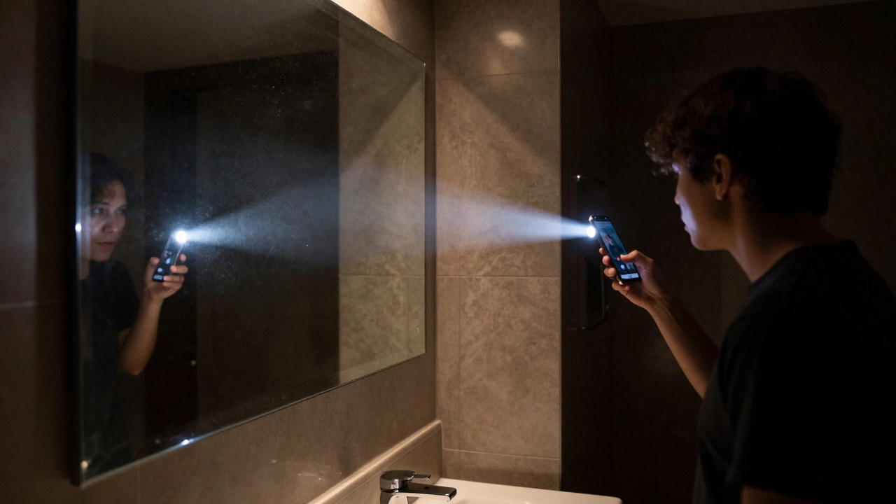 Flashlight shining on mirror edge revealing light passing through glass