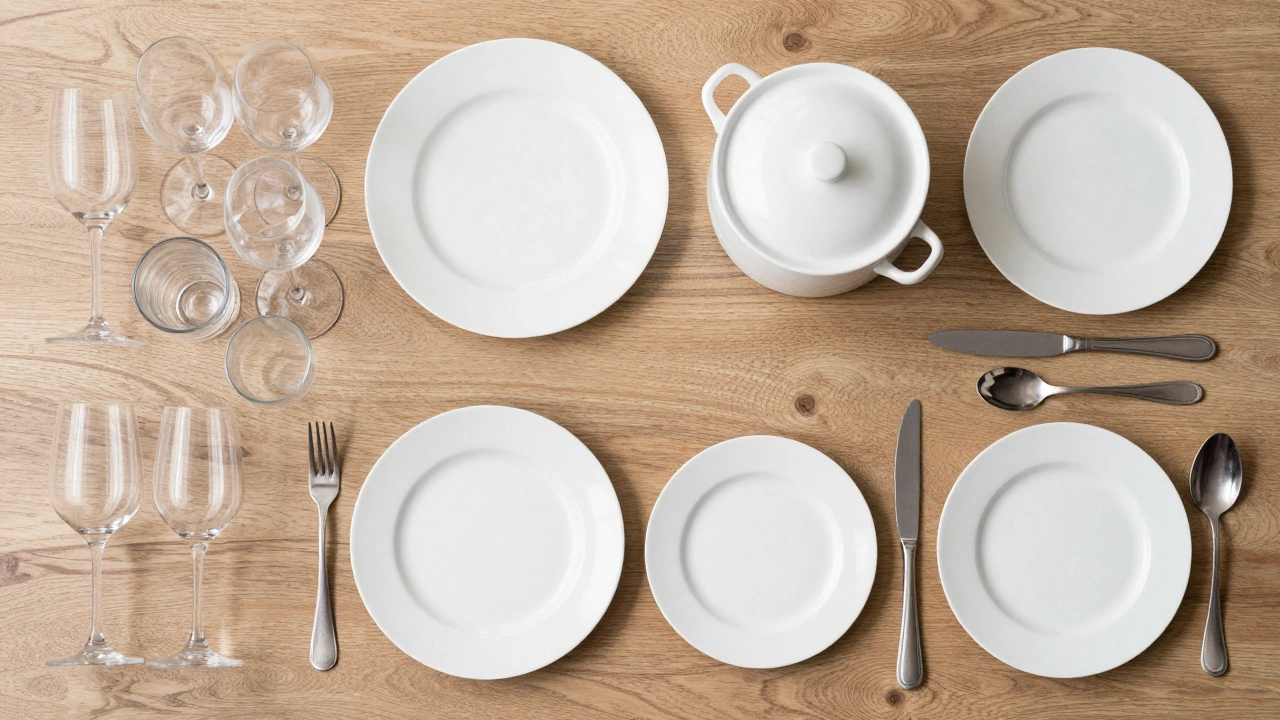 Flat lay of glassware, serveware platters, and cutlery on wood