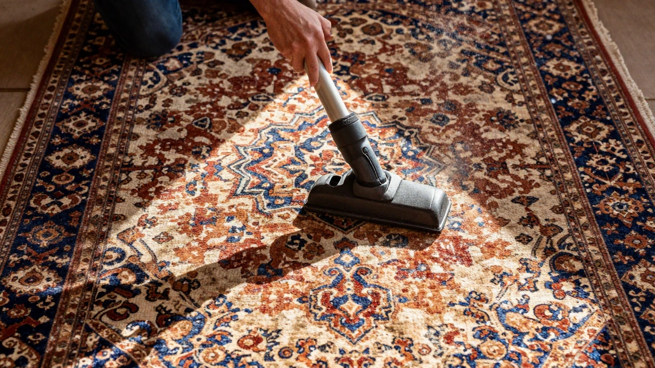 Hands rotating a vintage Persian rug to show even wear