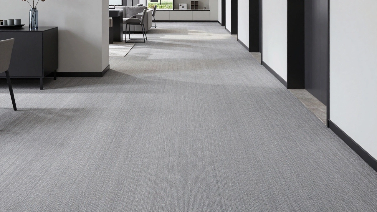 Light grey loop carpet reflecting light in modern minimalist hallway