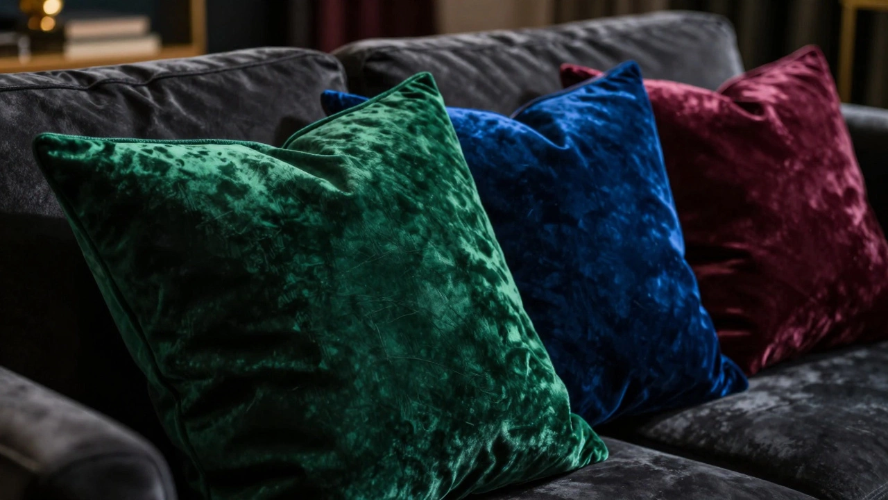 Luxurious emerald, blue, and plum velvet cushions on dark sofa