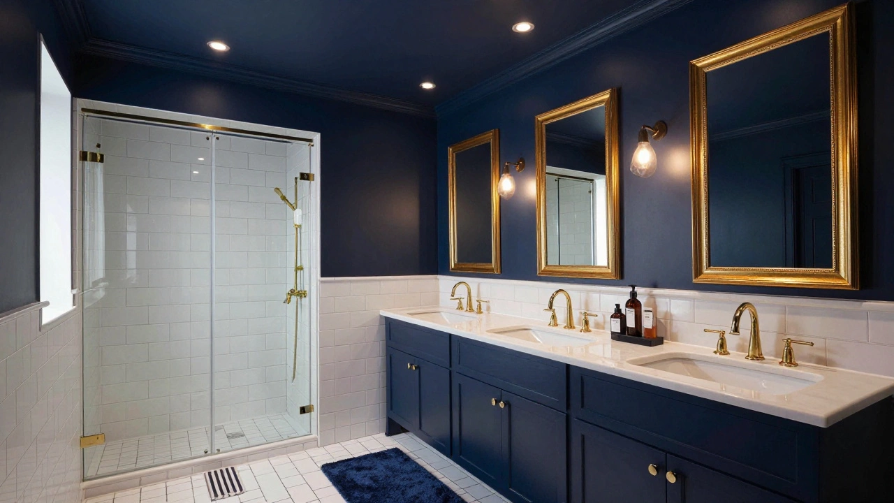 Moody navy blue bathroom ceiling with gold mirrors and black grout