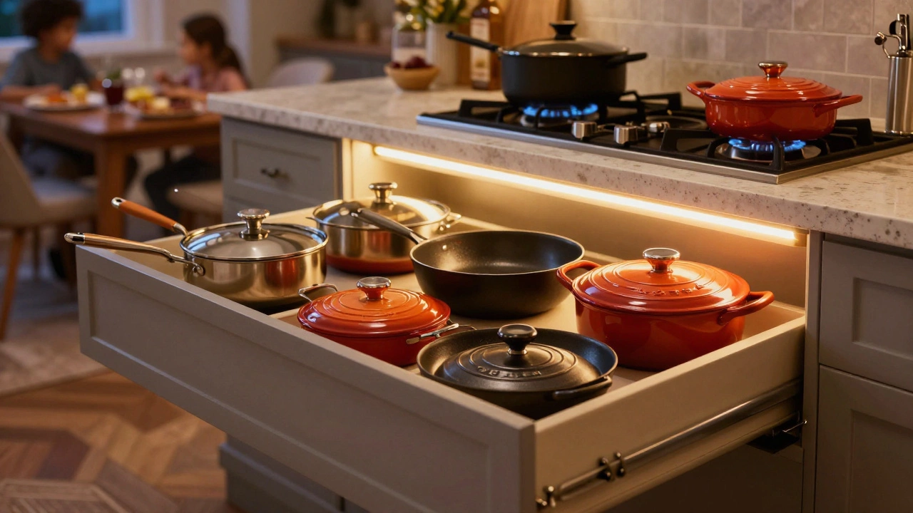 Open drawer showing mixed high-end cookware in home kitchen