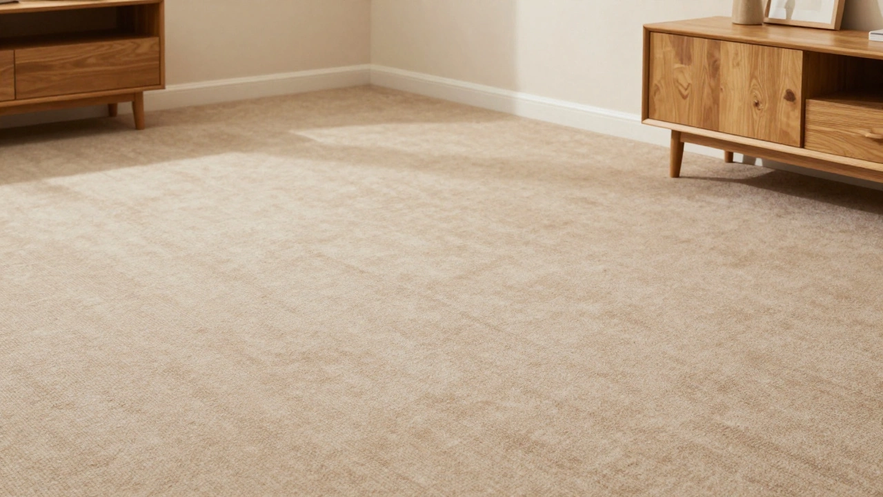 Pale beige carpet complementing wood furniture for warm spacious look