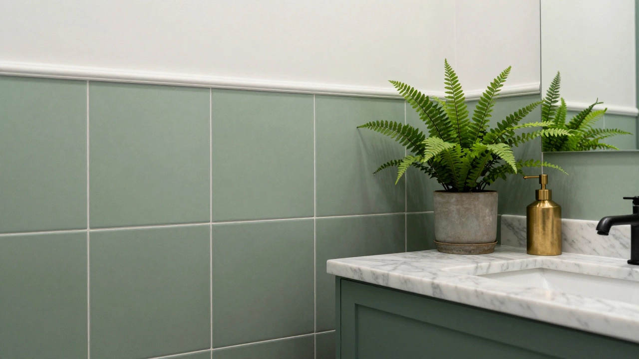 Sage green tiled bathroom wall with white wainscoting and brass accents