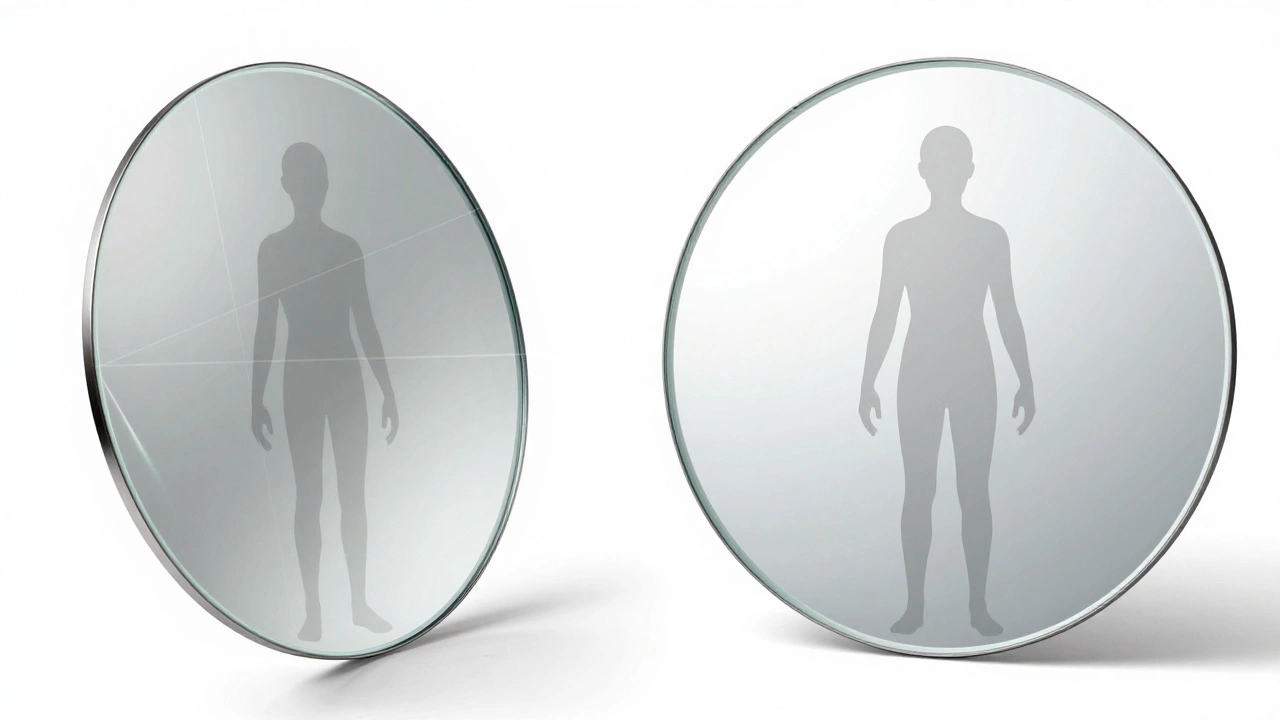 Side-by-side comparison of a convex distorted mirror vs a flat accurate mirror reflection
