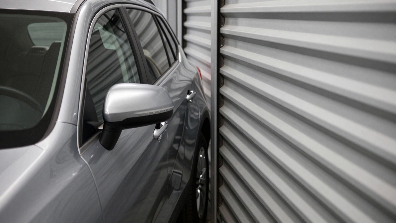 SUV parked tightly in storage unit showing limited door clearance
