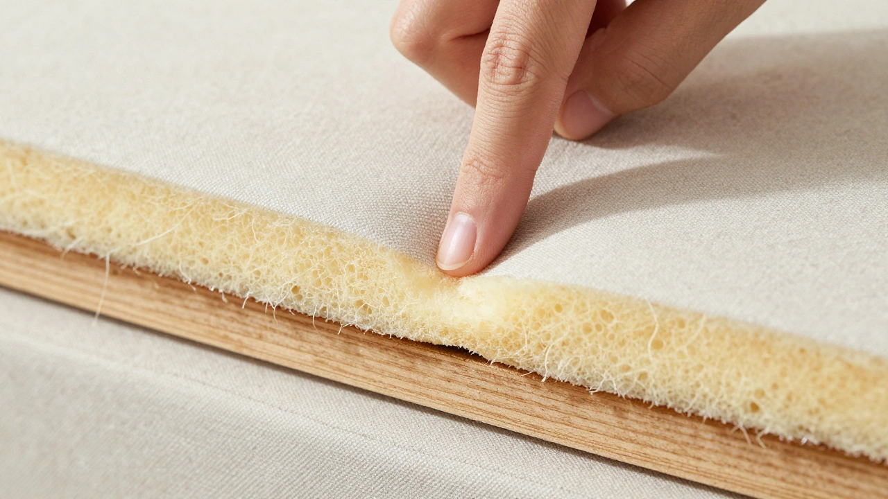 Thumb pressing into worn foam revealing the sofa frame base