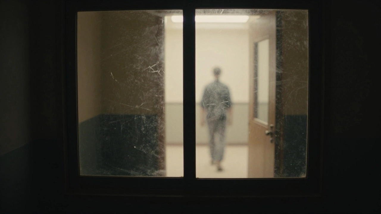 View through a two-way mirror from a dark room into a brightly lit space