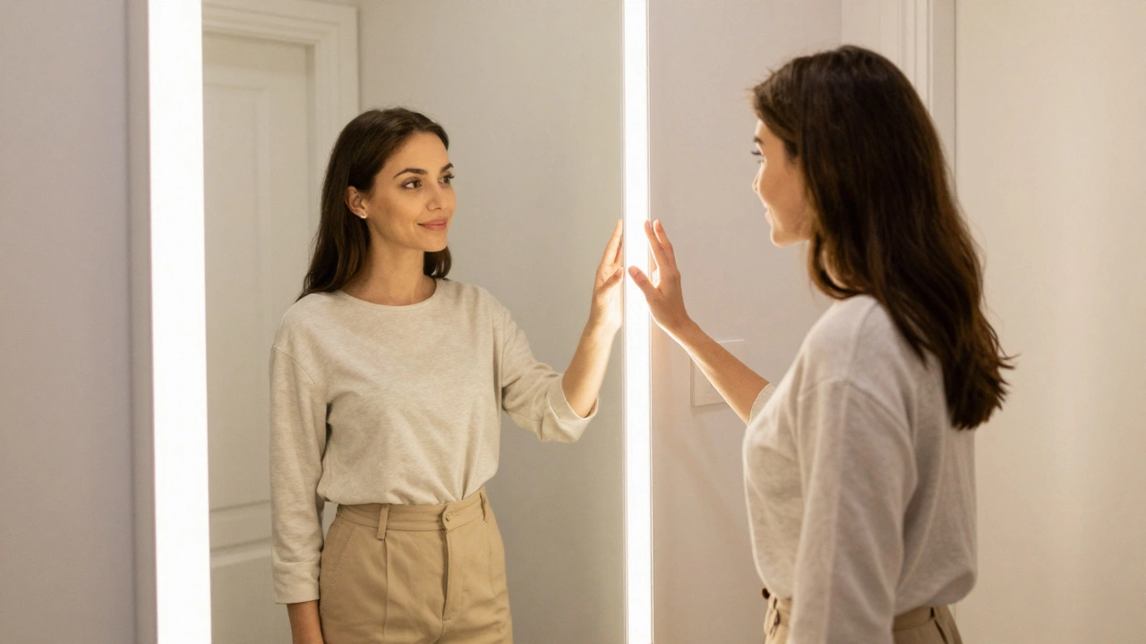 Woman checking mirror distortion by looking at a reflected door frame in a well-lit hallway