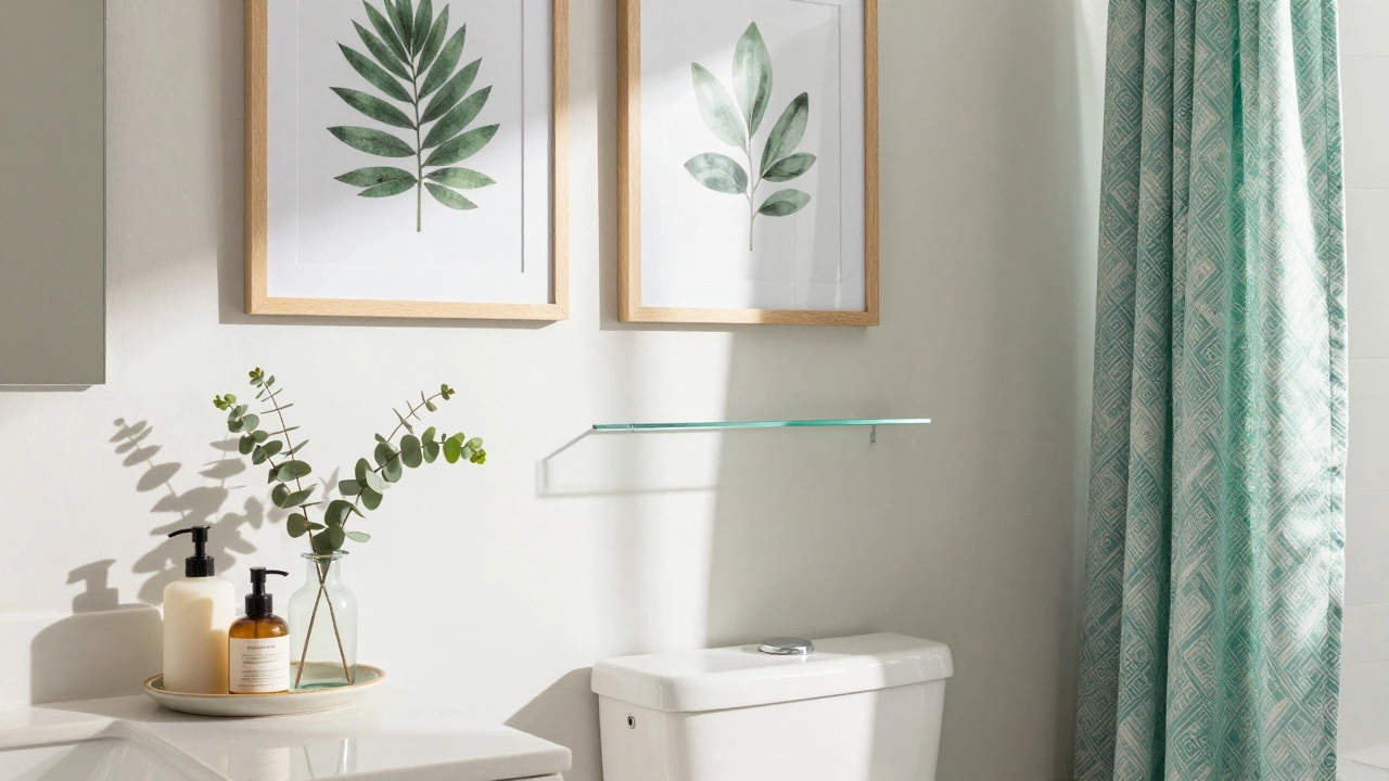 Bathroom with framed art, plants, and organized countertop