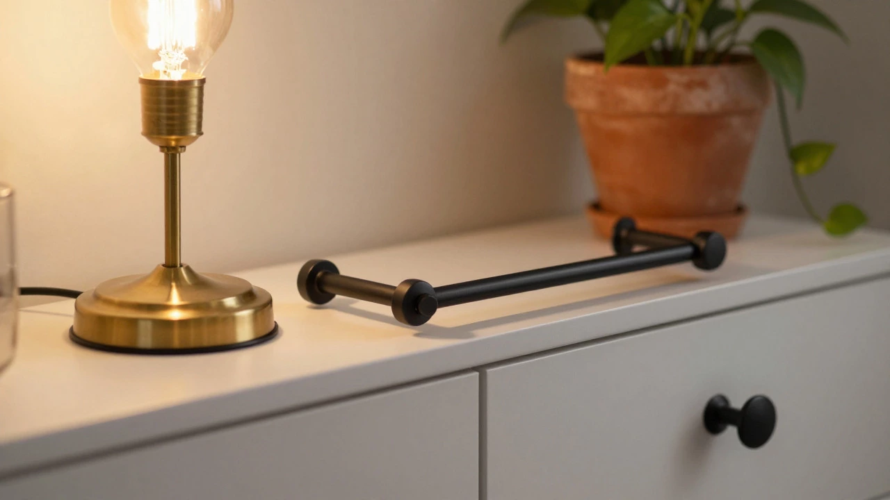 Brass lamp and matte black hardware glowing under warm light