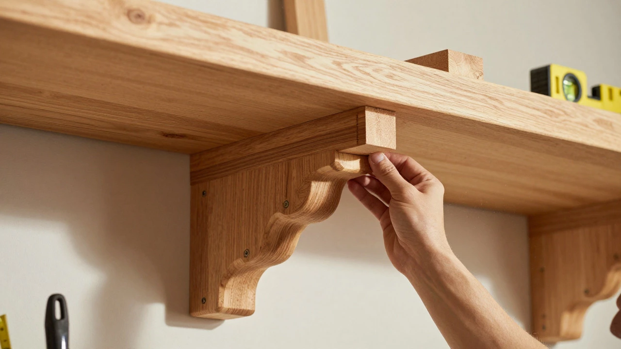 Carpenter installing corbels to support a wide wooden shelf
