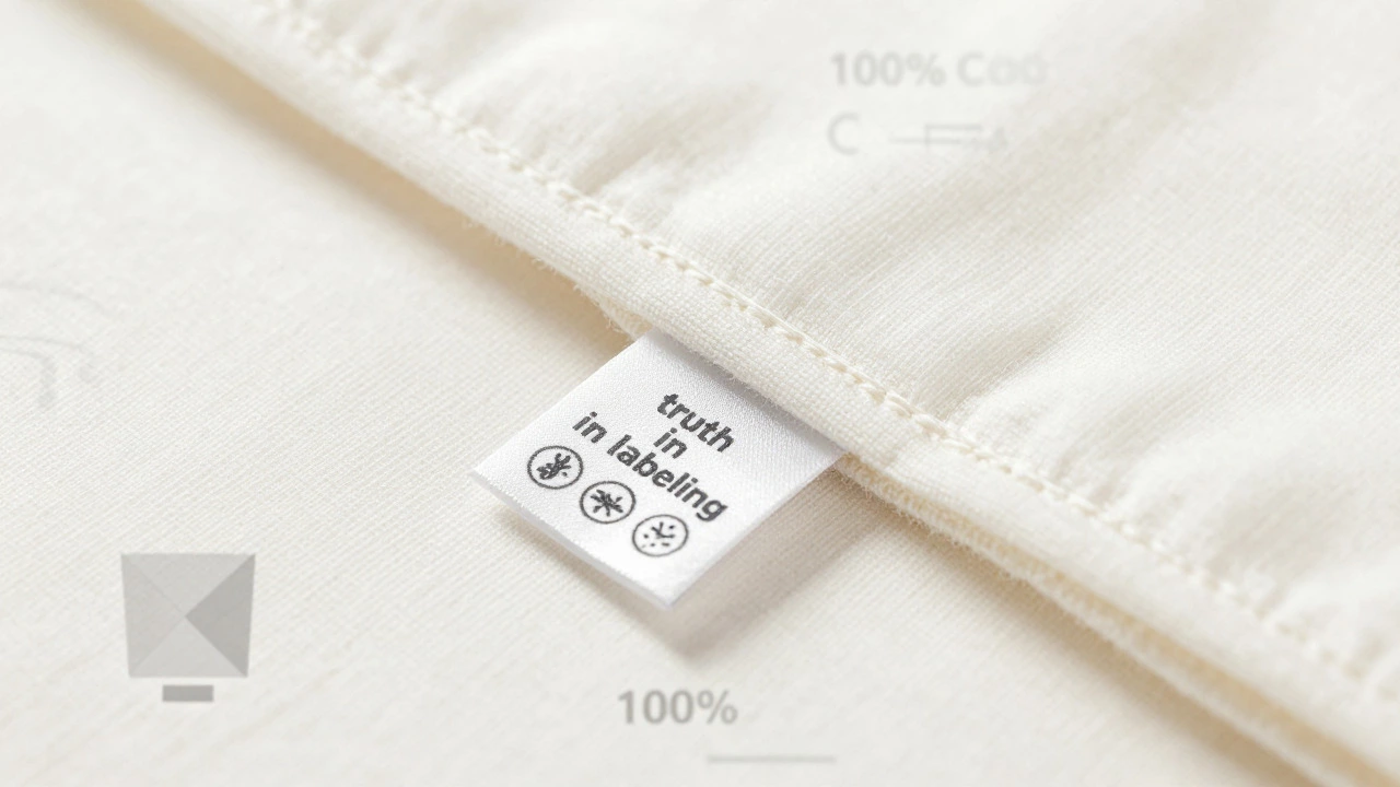 Close-up of cotton fabric texture with a blurred care label emphasizing quality standards