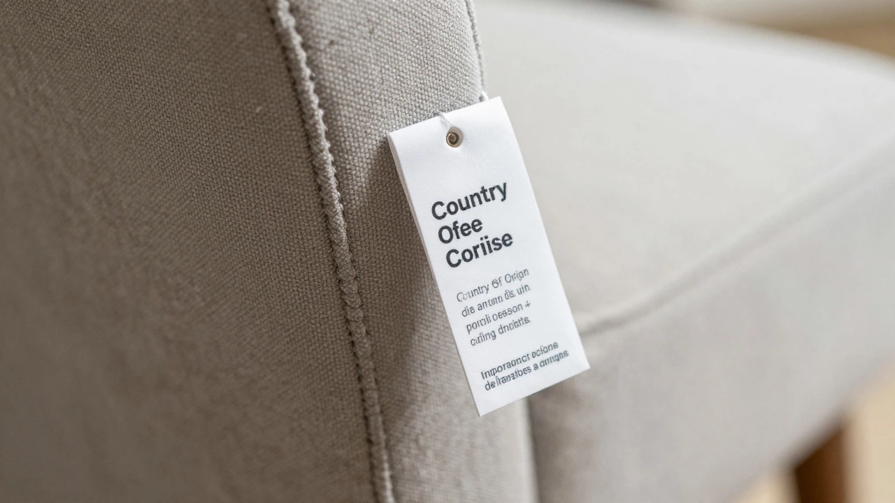 Close-up of furniture content tag attached to upholstered chair seam
